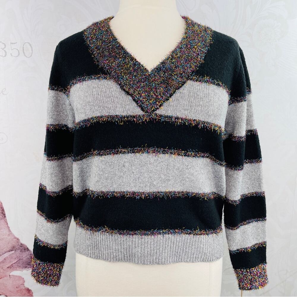 True Craft Black Grey Multicolor Sparkle Striped Sweater MEDIUM